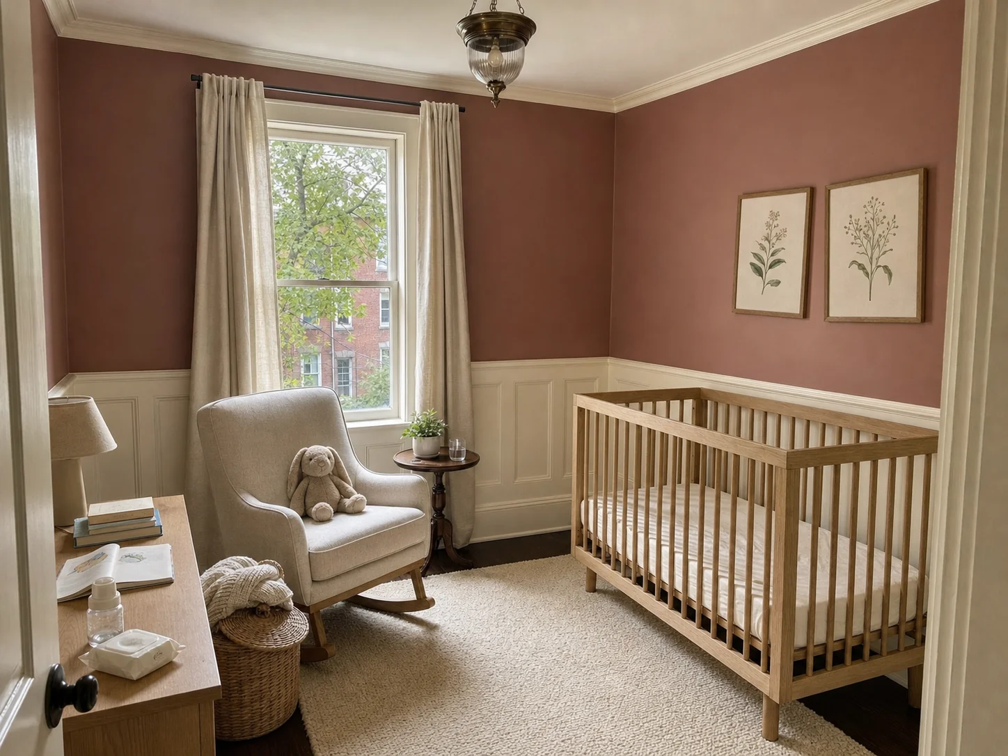 Nursery walls painted a warm terracotta above white wainscoting after interior painting in Logan Circle, Washington DC