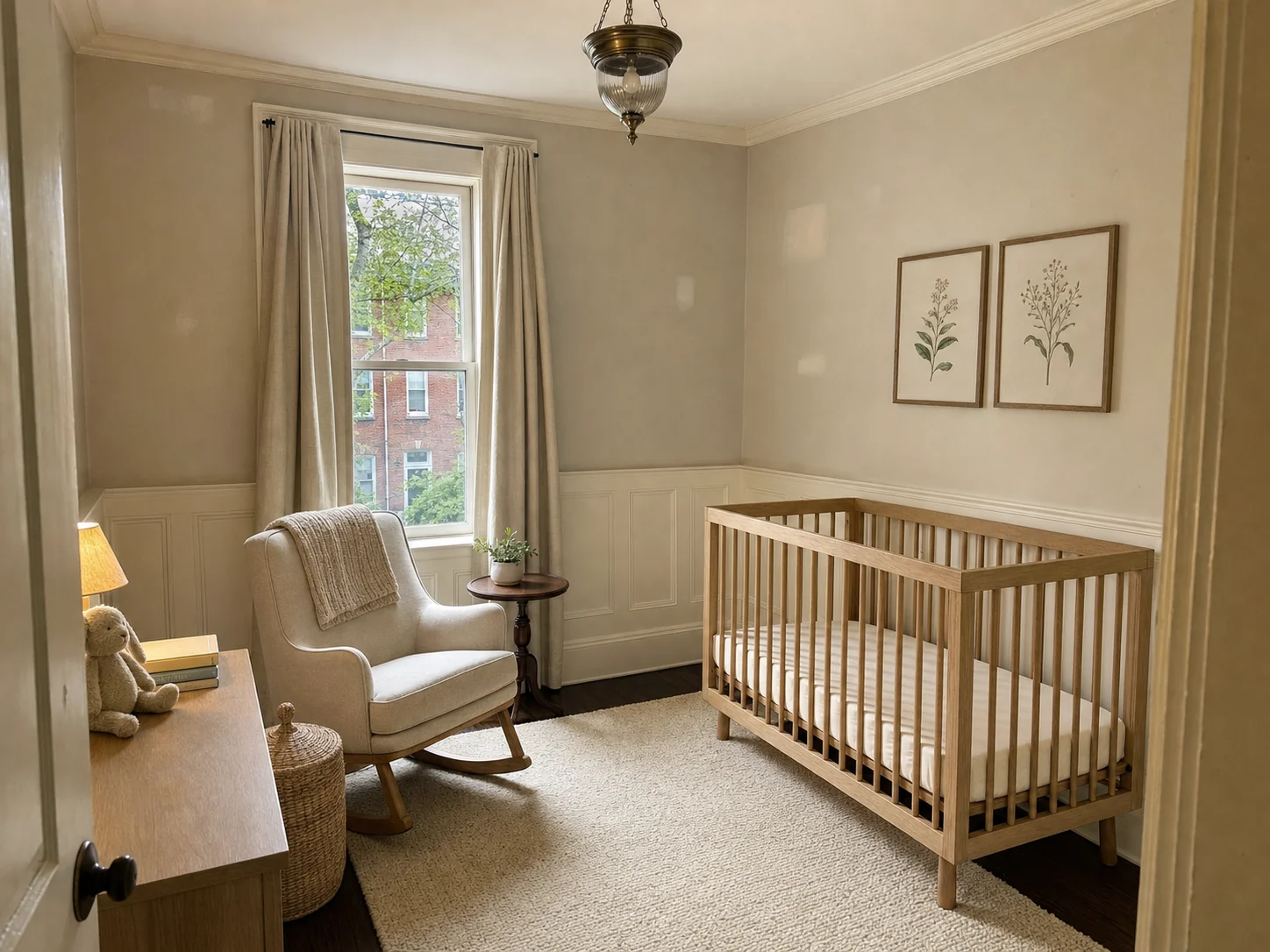 Neutral nursery with white wainscoting before interior painting in a Logan Circle, Washington DC rowhouse