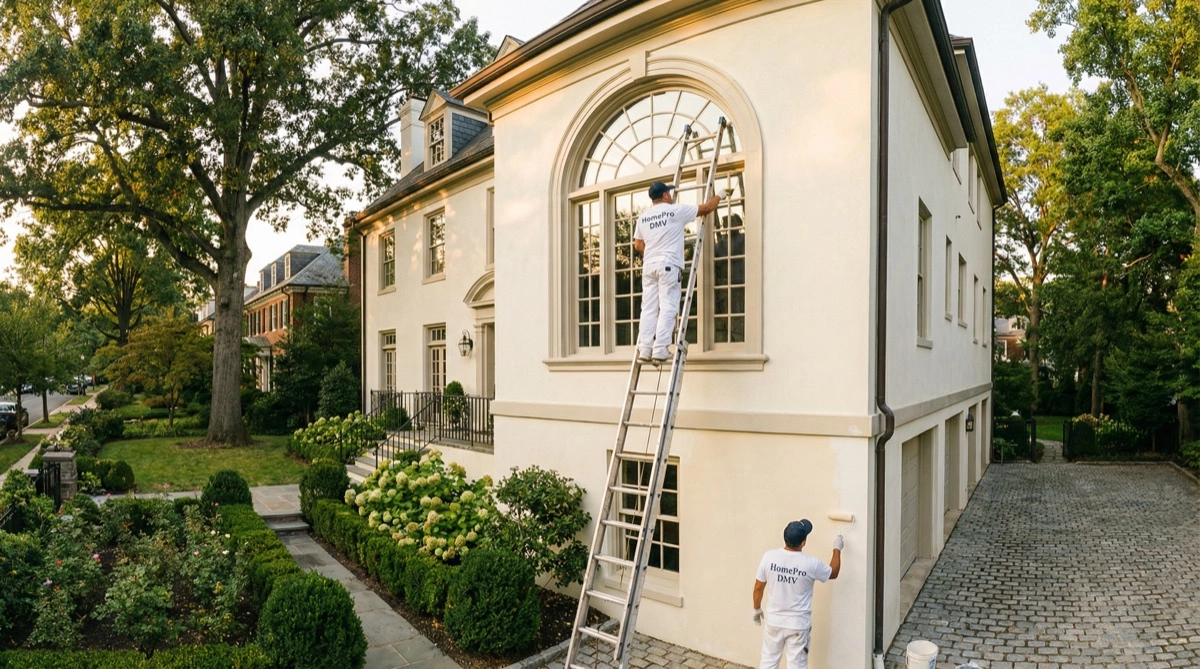 Professional Painters DC painters on ladder painting exterior of a Washington DC estate home