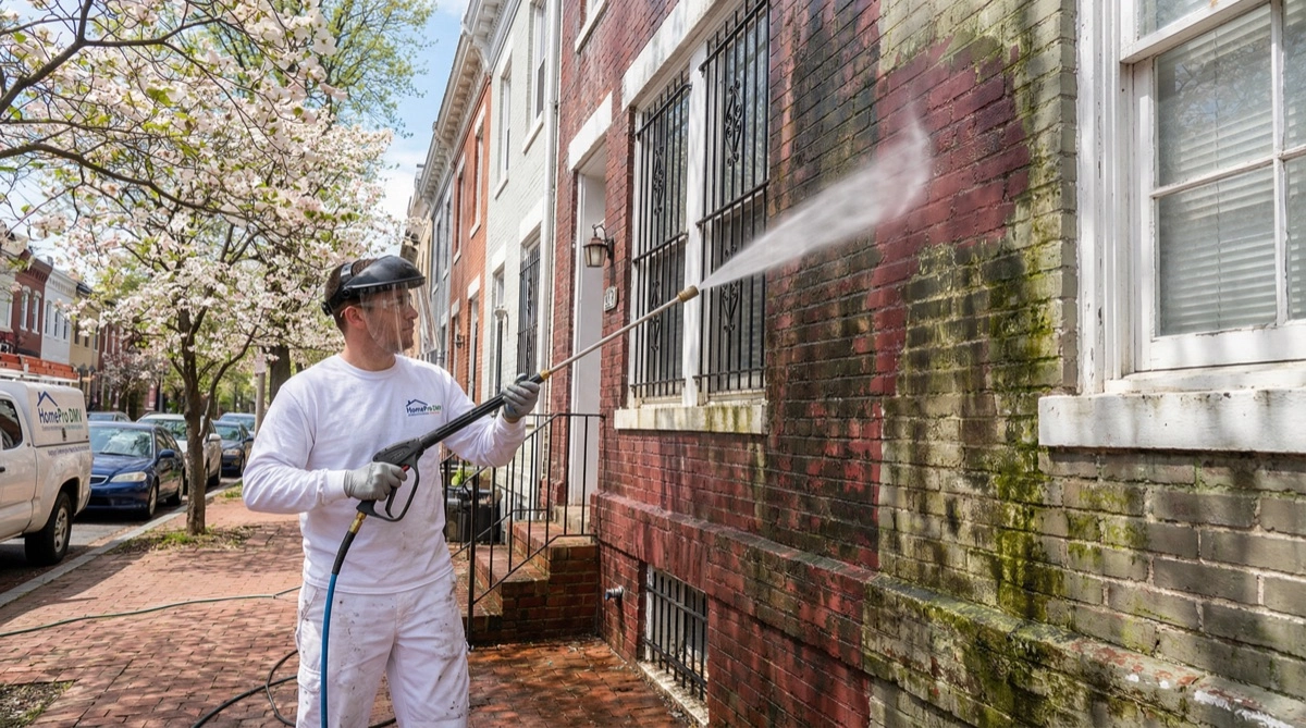Painters DC painter power washing a Washington DC row house exterior before painting